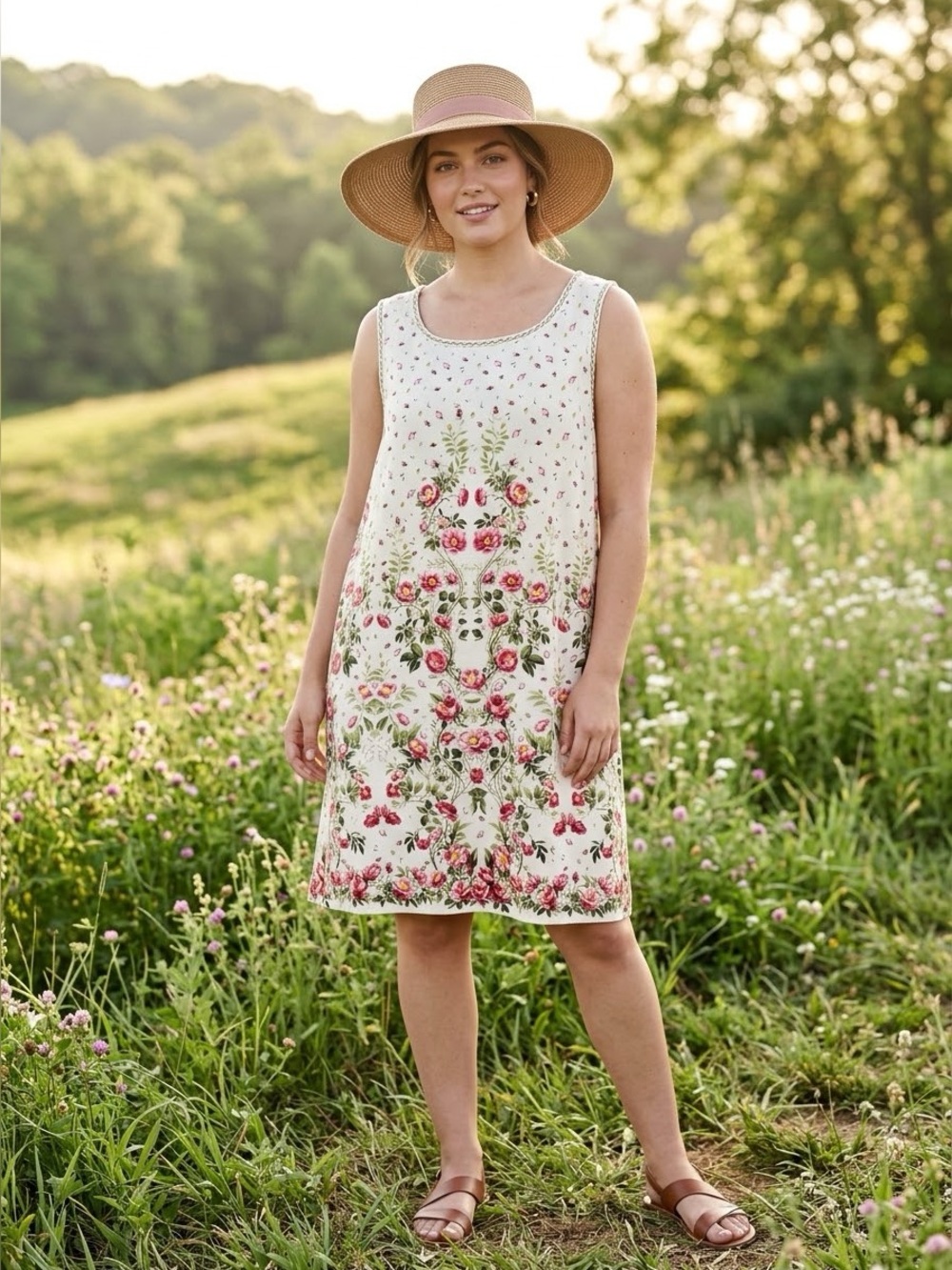 Max Studio Cream Sleeveless Dress with Pink Floral Print linen blend